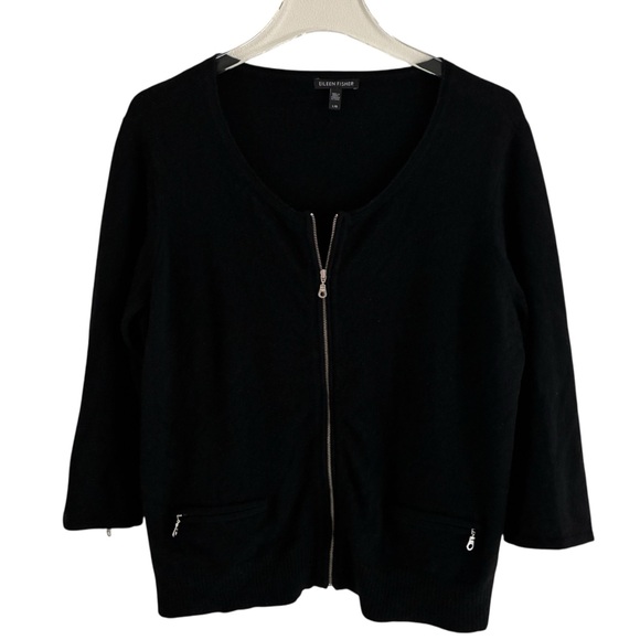 Eileen Fisher 100% Cashmere Zip Front Cardigan Black Luxe Minimalist Sweater L - Picture 4 of 11